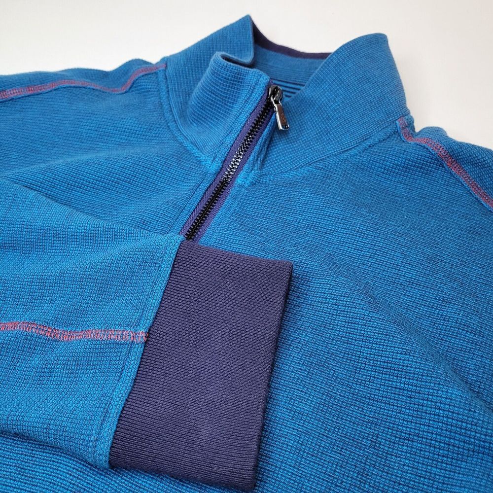 Robert Graham Pullover Mens Large Blue Waffle Knit 1/4 Zip Good Contrast Stitch